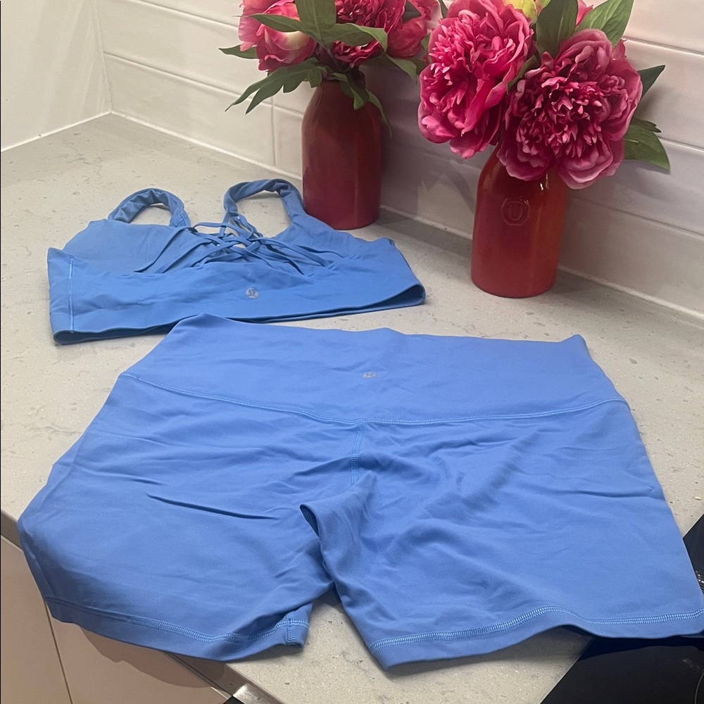 lululemon Pool Party Blue Sports Bra and Shorts Set